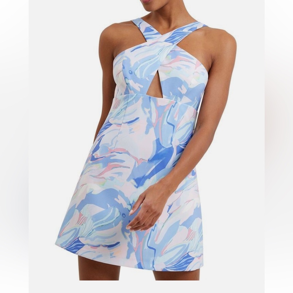 French Connection Pastel Blue & Pink One-Shoulder Cutout Dress